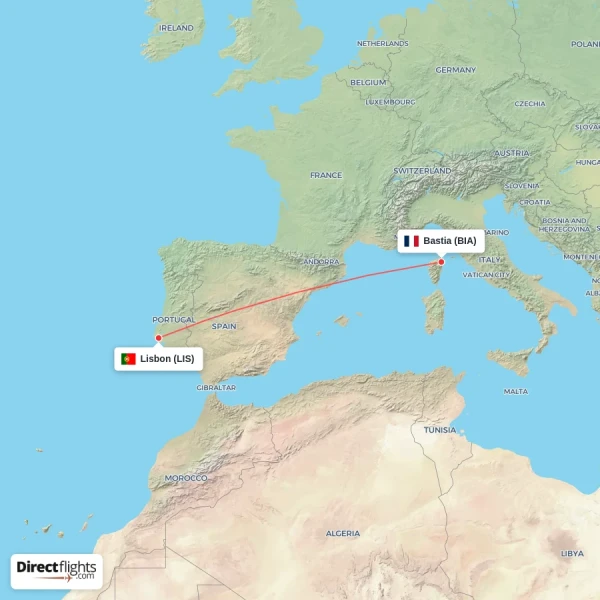 Lisbon - Bastia direct flight map