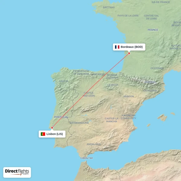 Lisbon - Bordeaux direct flight map