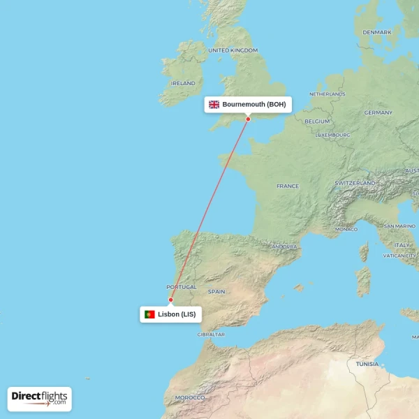 Lisbon - Bournemouth direct flight map