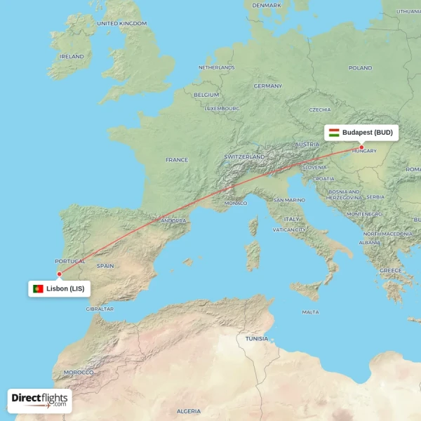 Lisbon - Budapest direct flight map