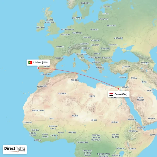 Lisbon - Cairo direct flight map