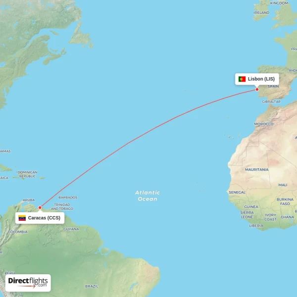 Lisbon - Caracas direct flight map
