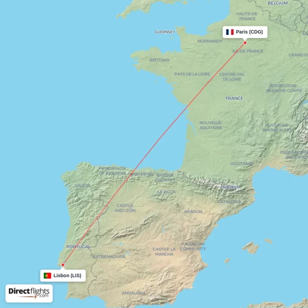 Lisbon - Paris direct flight map