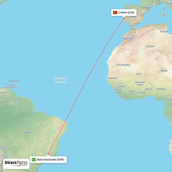 Lisbon - Belo Horizonte direct flight map