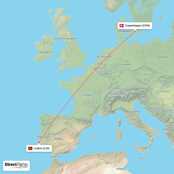 Lisbon - Copenhagen direct flight map