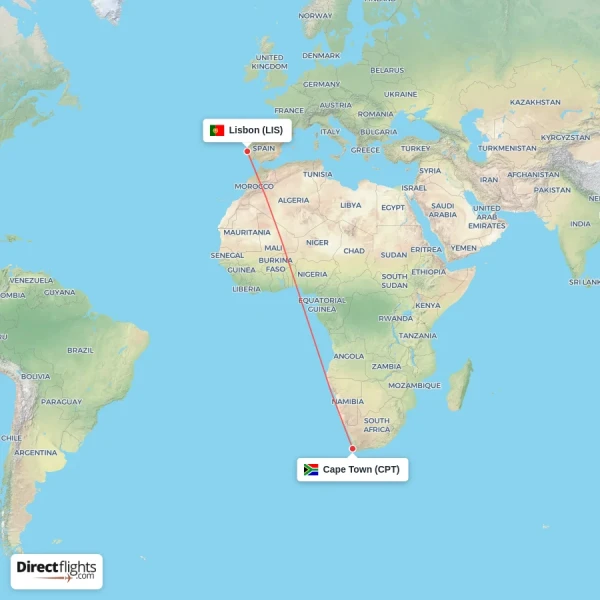 Lisbon - Cape Town direct flight map