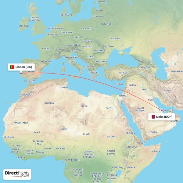Lisbon - Doha direct flight map