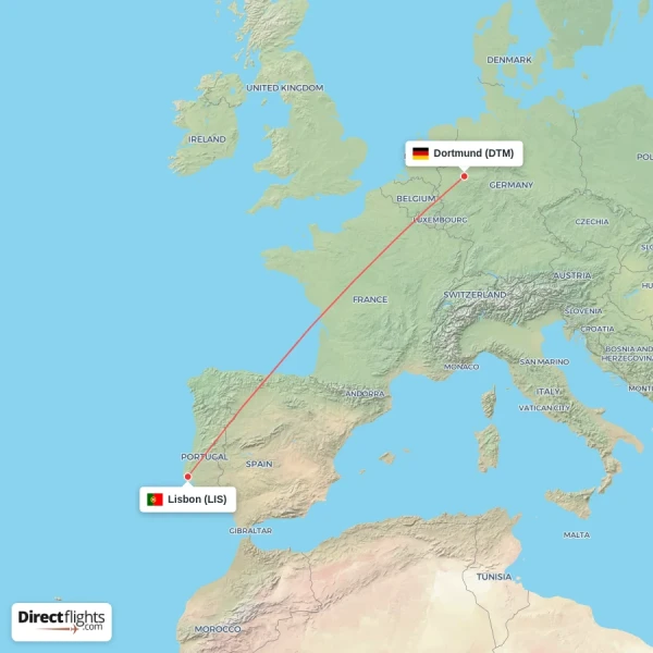Lisbon - Dortmund direct flight map