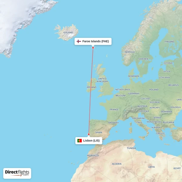 Lisbon - Faroe Islands direct flight map