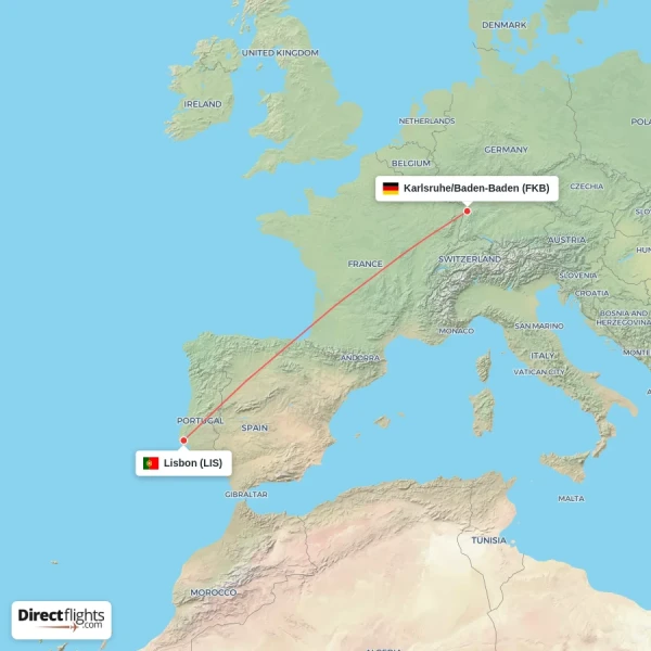 Lisbon - Karlsruhe/Baden-Baden direct flight map