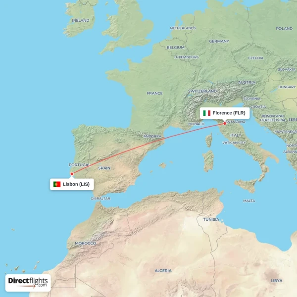 Lisbon - Florence direct flight map