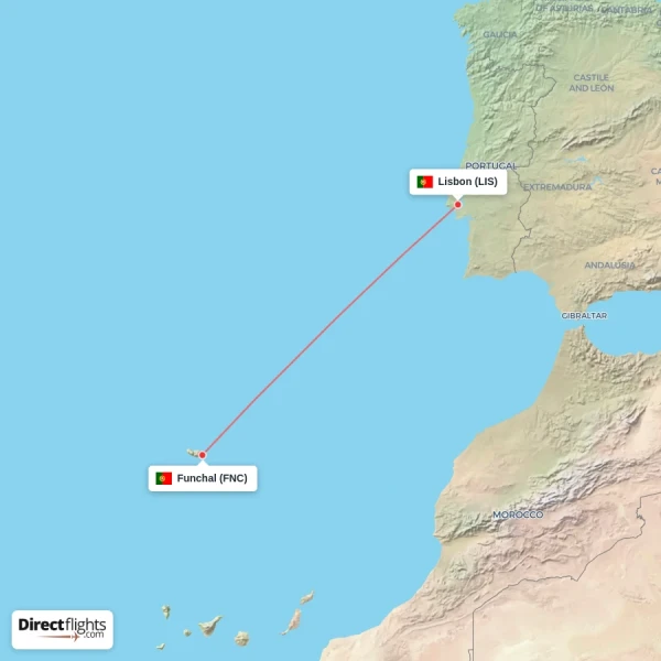 Lisbon - Funchal direct flight map