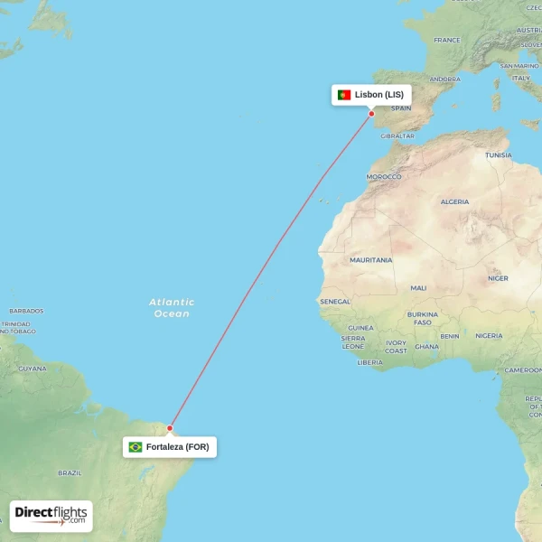 Lisbon - Fortaleza direct flight map