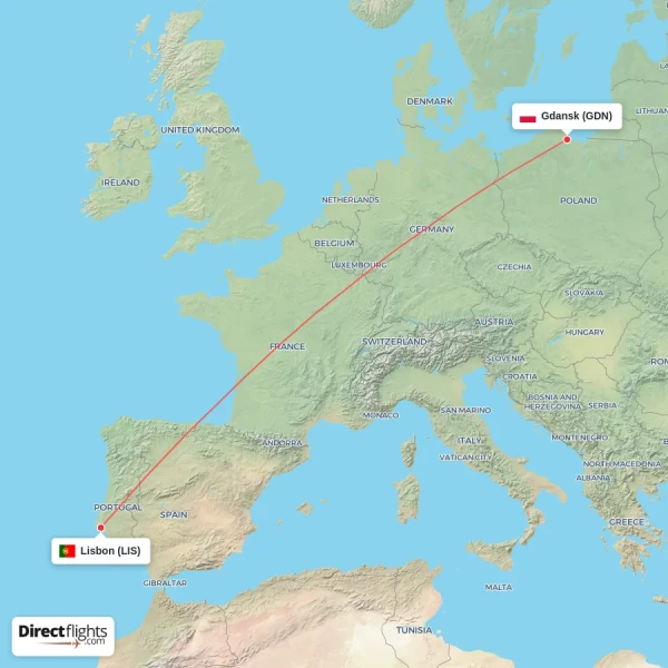 Lisbon - Gdansk direct flight map