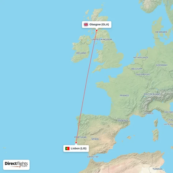 Lisbon - Glasgow direct flight map