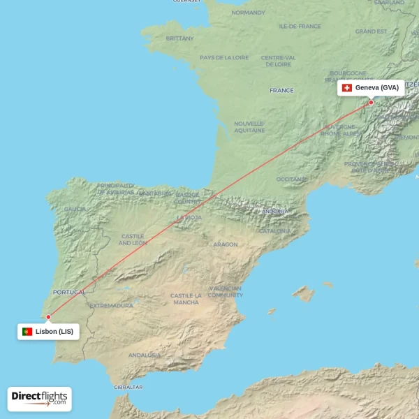 Lisbon - Geneva direct flight map