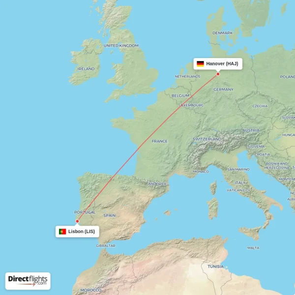 Lisbon - Hanover direct flight map