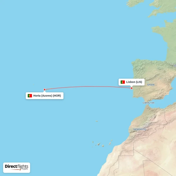Lisbon - Horta (Azores) direct flight map
