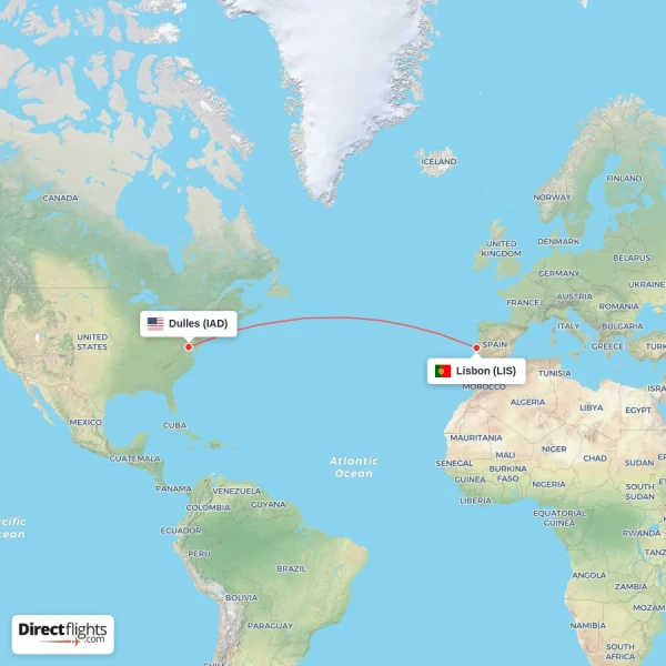 Lisbon - Dulles direct flight map