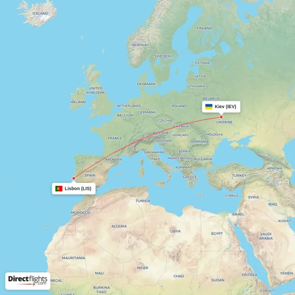 Lisbon - Kiev direct flight map