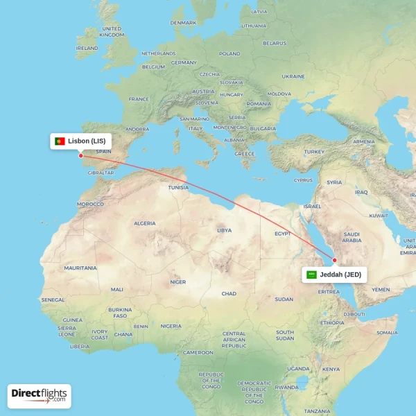 Lisbon - Jeddah direct flight map