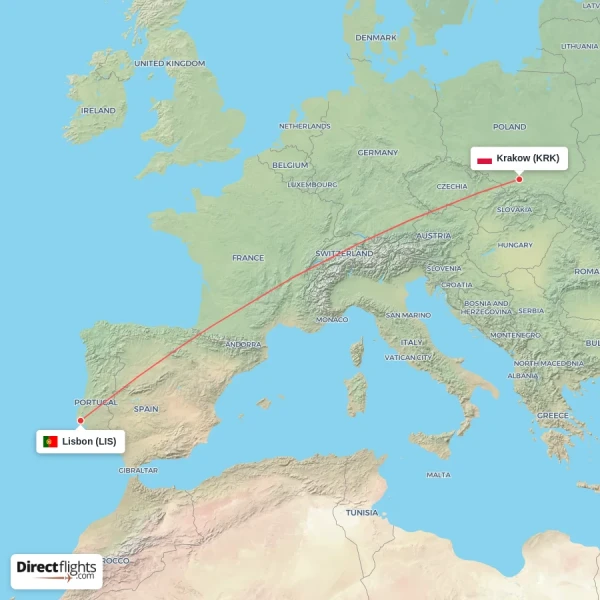 Lisbon - Krakow direct flight map