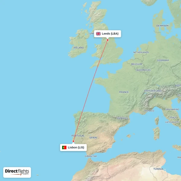 Lisbon - Leeds direct flight map