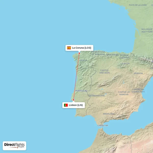 Lisbon - La Coruna direct flight map