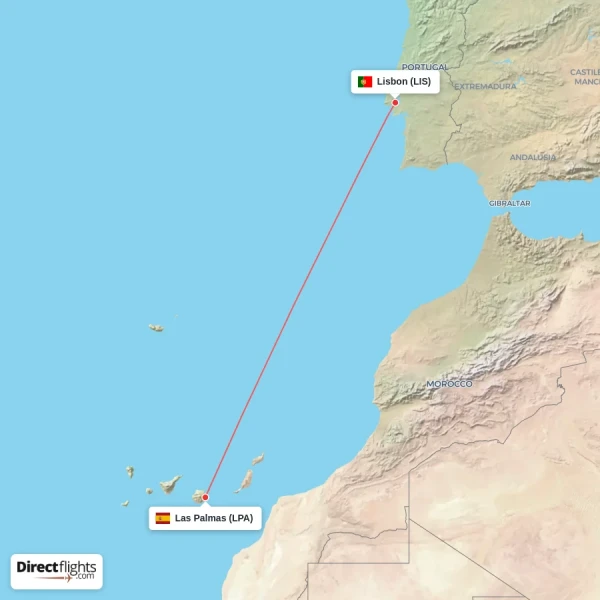 Lisbon - Las Palmas direct flight map
