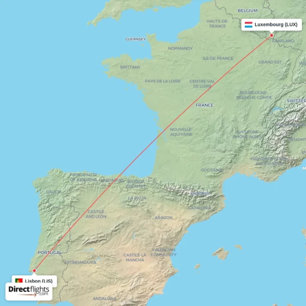 Lisbon - Luxembourg direct flight map