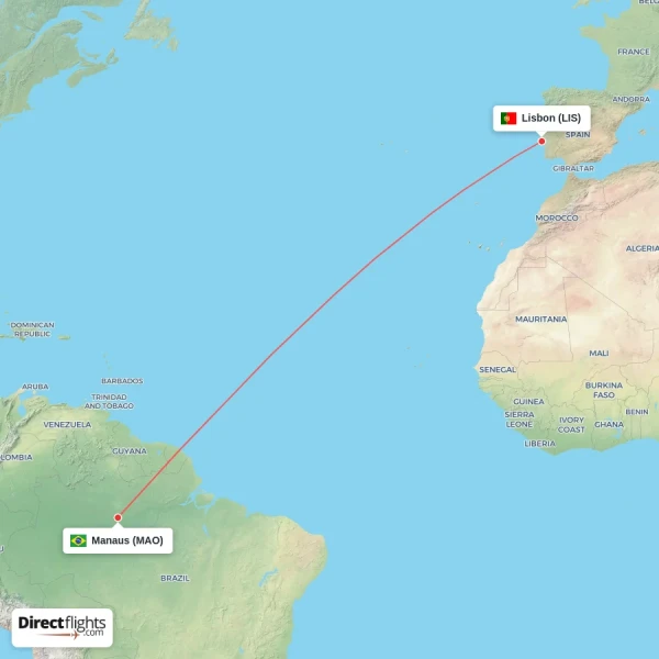 Lisbon - Manaus direct flight map