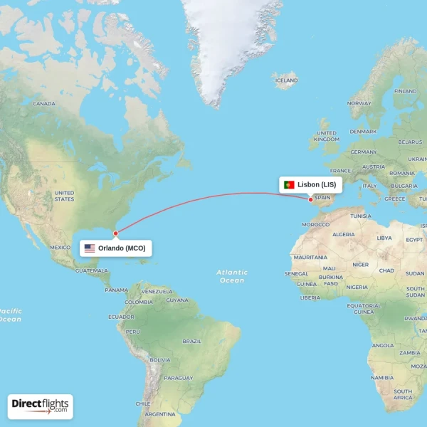Lisbon - Orlando direct flight map