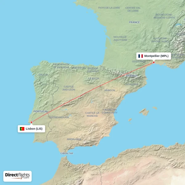 Lisbon - Montpellier direct flight map