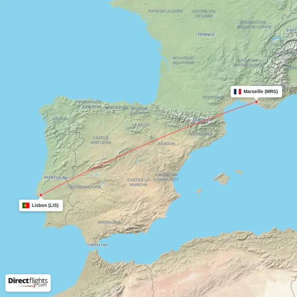Lisbon - Marseille direct flight map