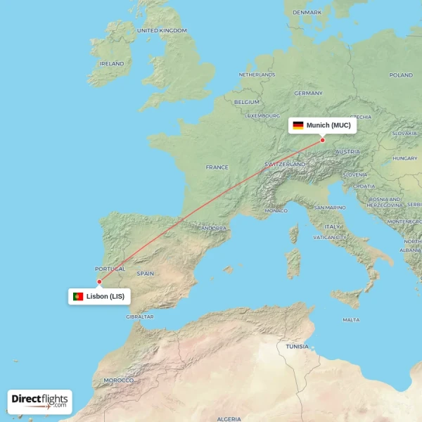 Lisbon - Munich direct flight map