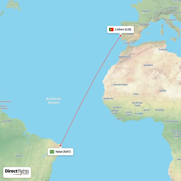 Lisbon - Natal direct flight map
