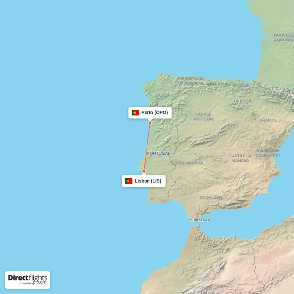 Lisbon - Porto direct flight map