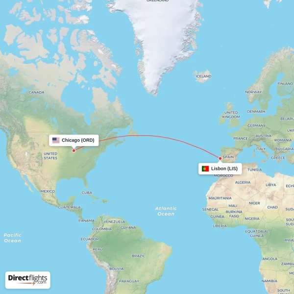 Lisbon - Chicago direct flight map