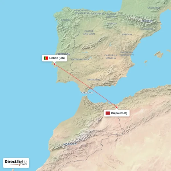 Lisbon - Oujda direct flight map