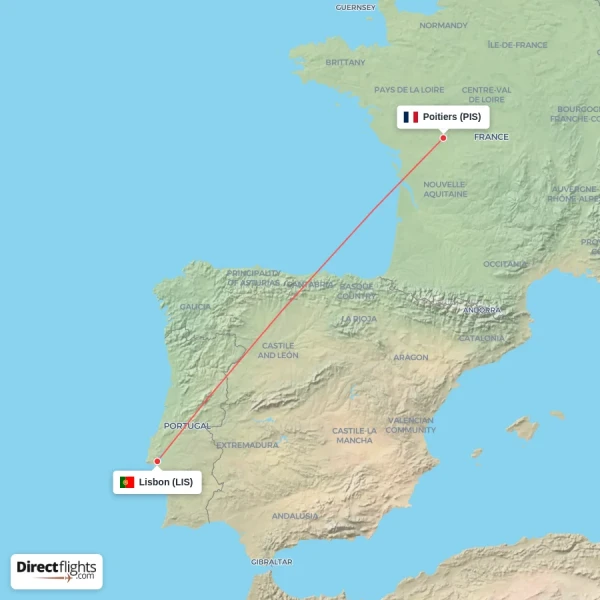 Lisbon - Poitiers direct flight map