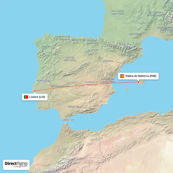 Lisbon - Palma de Mallorca direct flight map