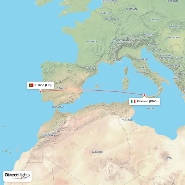 Lisbon - Palermo direct flight map