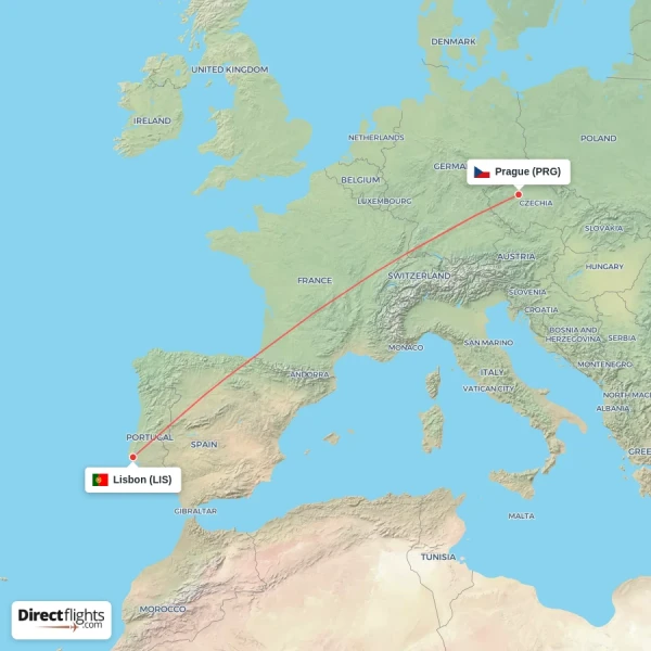 Lisbon - Prague direct flight map