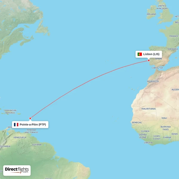 Lisbon - Pointe-a-Pitre direct flight map