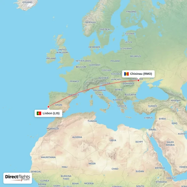 Lisbon - Chisinau direct flight map