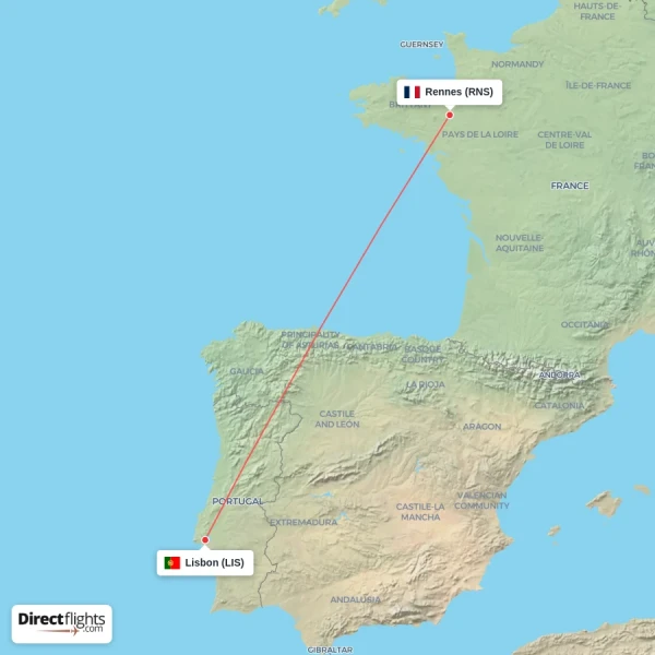 Lisbon - Rennes direct flight map