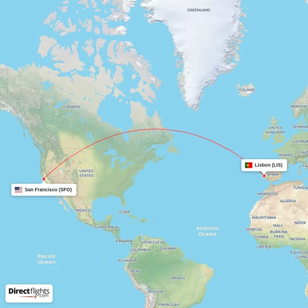 Lisbon - San Francisco direct flight map