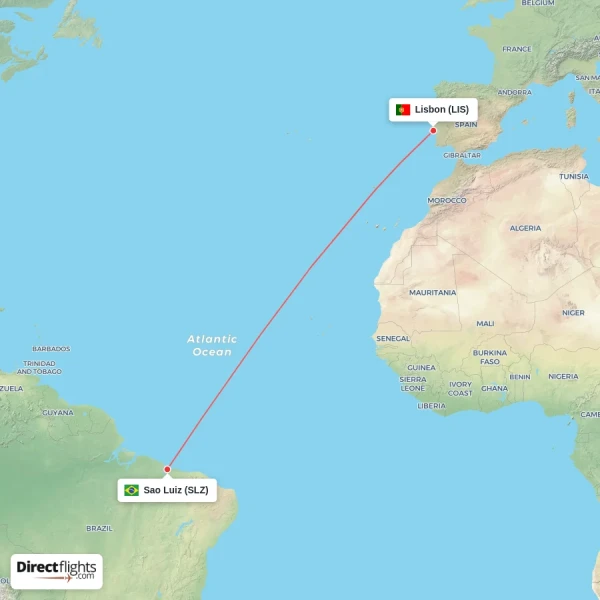 Lisbon - Sao Luiz direct flight map