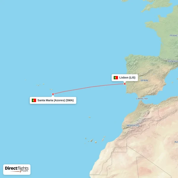 Lisbon - Santa Maria (Azores) direct flight map