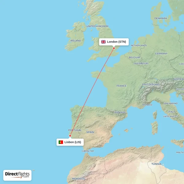 Lisbon - London direct flight map